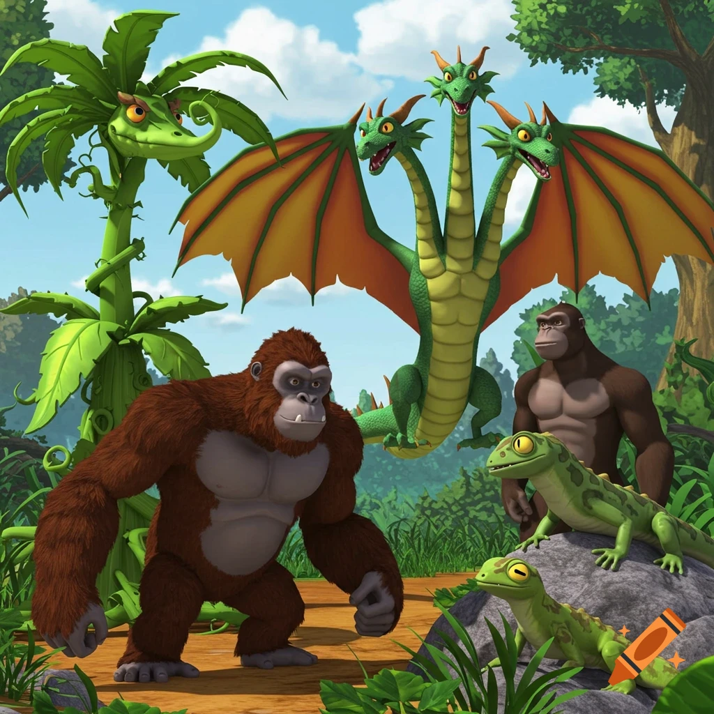 A cartoon jungle scene featuring a brown ape, a three-headed green dragon, two green lizards, and a green plant monster.