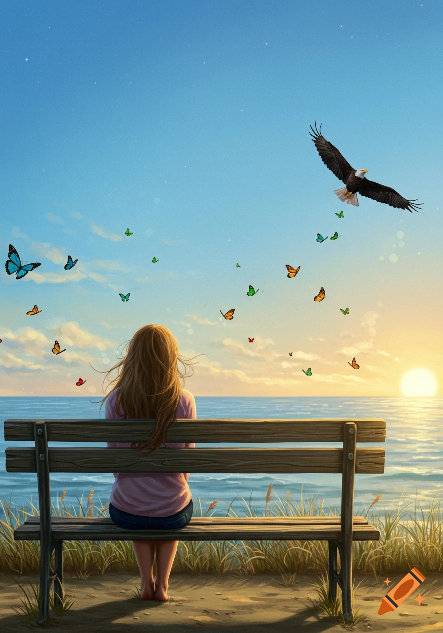 A woman with long hair sits on a bench facing the ocean at sunset, surrounded by flying butterflies and an eagle, in a painted style.