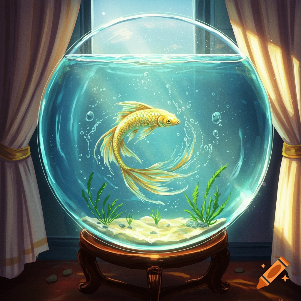 A golden fish swims in a circular glass fishbowl on a wooden stand, in a bright room with draped curtains.