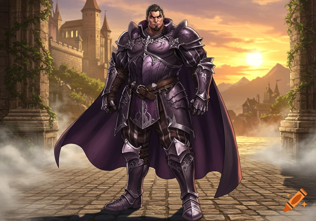 A broad-shouldered knight in dark, ornate armor and a purple cape stands on cobblestones before a castle at sunset. Digital art.