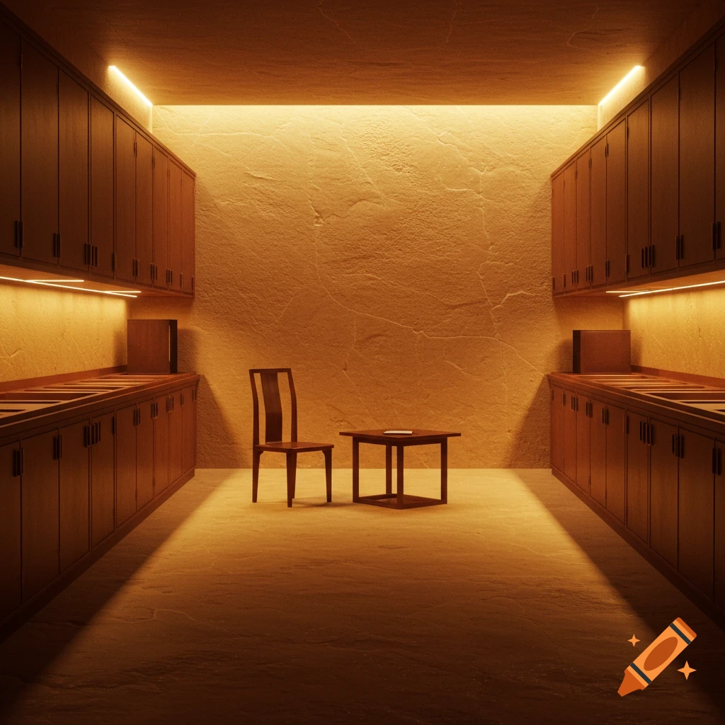Minimalist room with warm amber lighting, wooden cabinets, a single chair, and a small table.