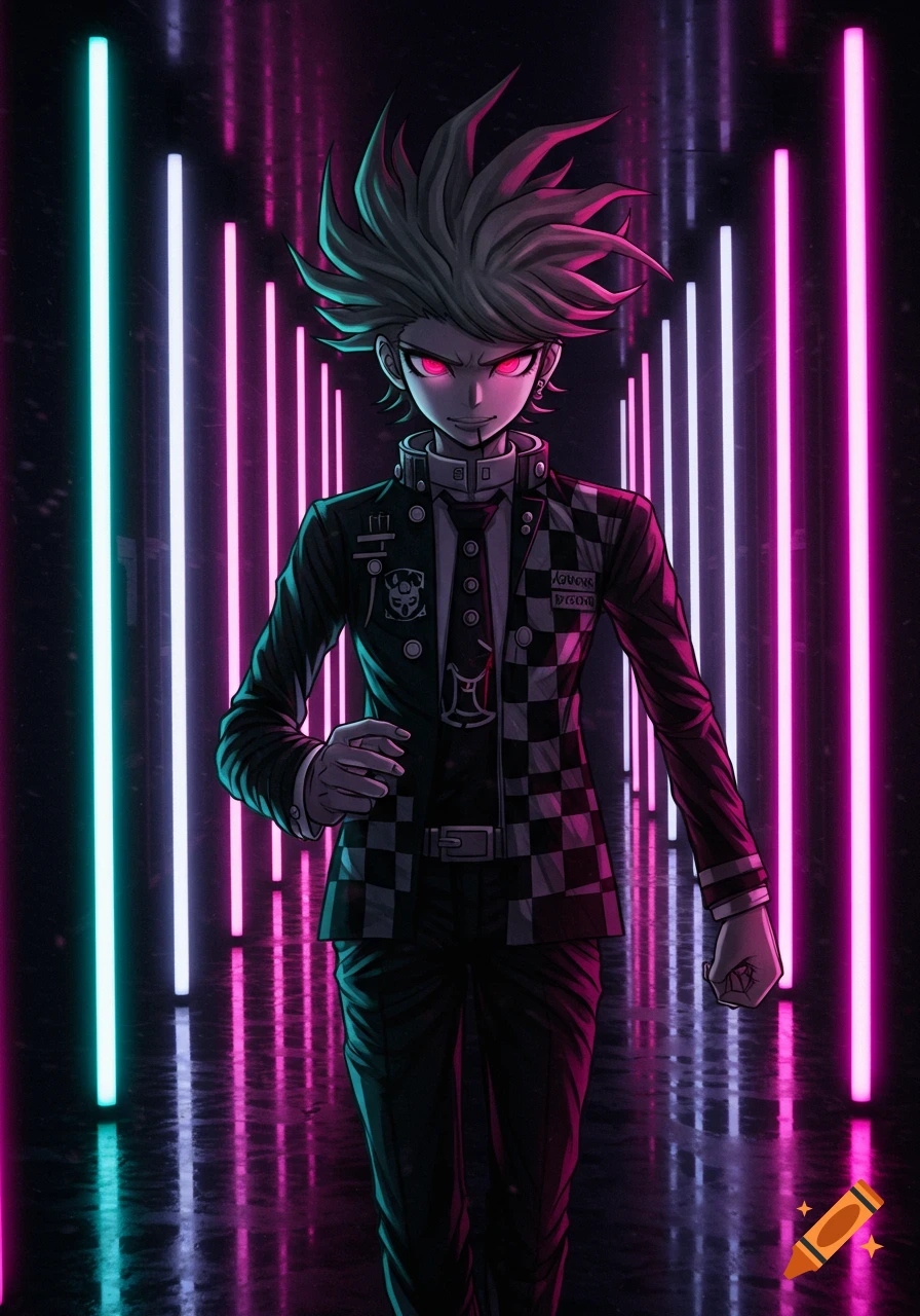 An anime character with spiky gray hair and glowing red eyes, wearing a black suit with a checkered pattern and tie, walks in a neon-lit hallway.