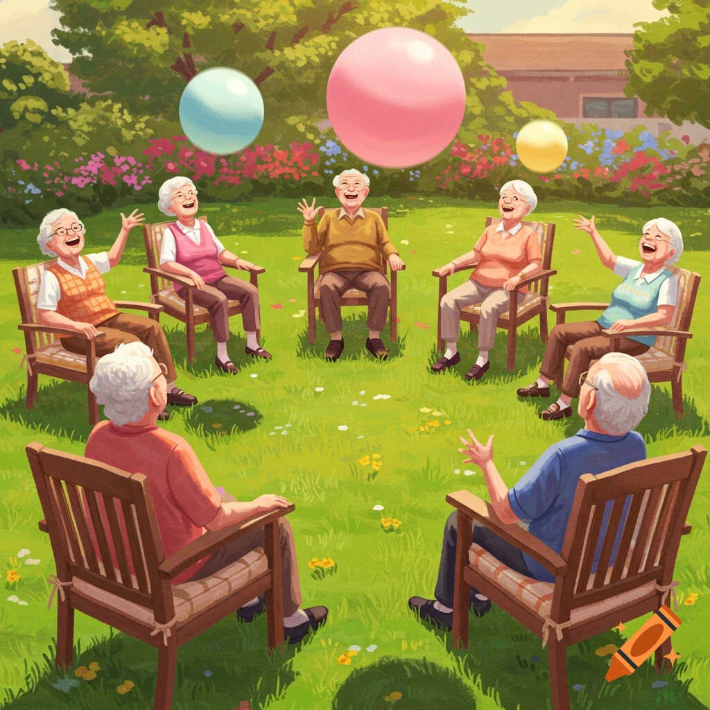 Illustration of happy senior citizens playing with colorful balloons in a lush green garden while seated in a circle of chairs.