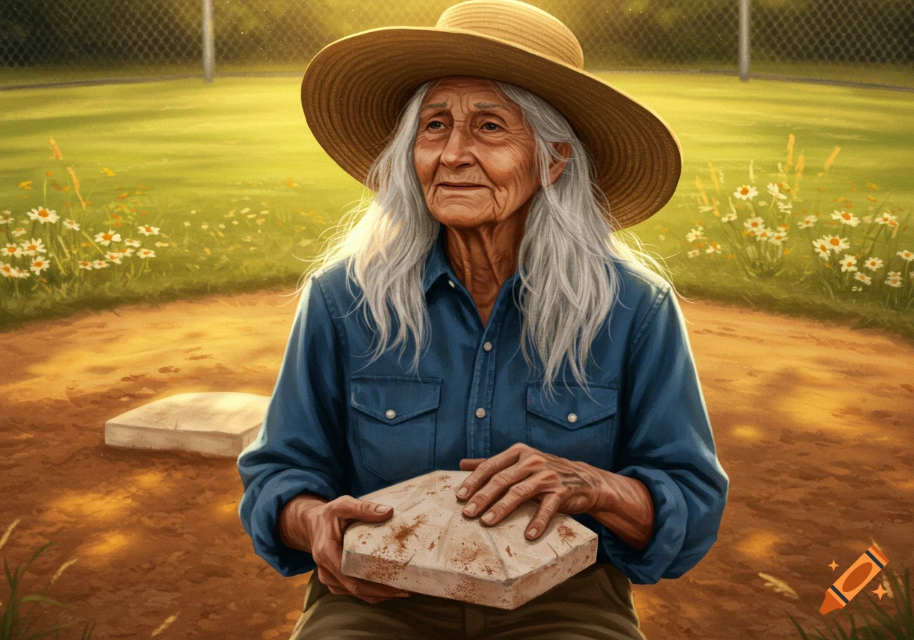 An old woman with long white hair and a straw hat holds a baseball base in a sunny field.