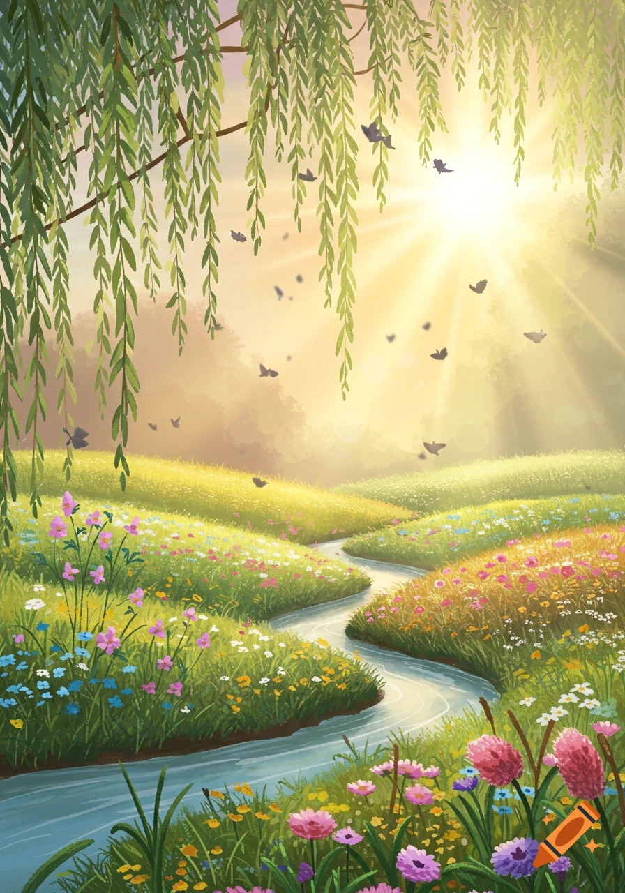 Vibrant illustration: a winding river flows through sunny fields of wildflowers under willow branches, with flying butterflies.