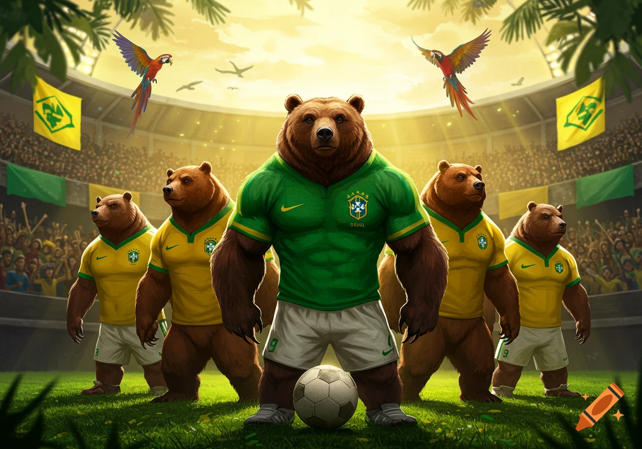 Five anthropomorphic bears in Brazilian soccer jerseys stand on a field in a sunny stadium with a soccer ball. Two parrots fly overhead.