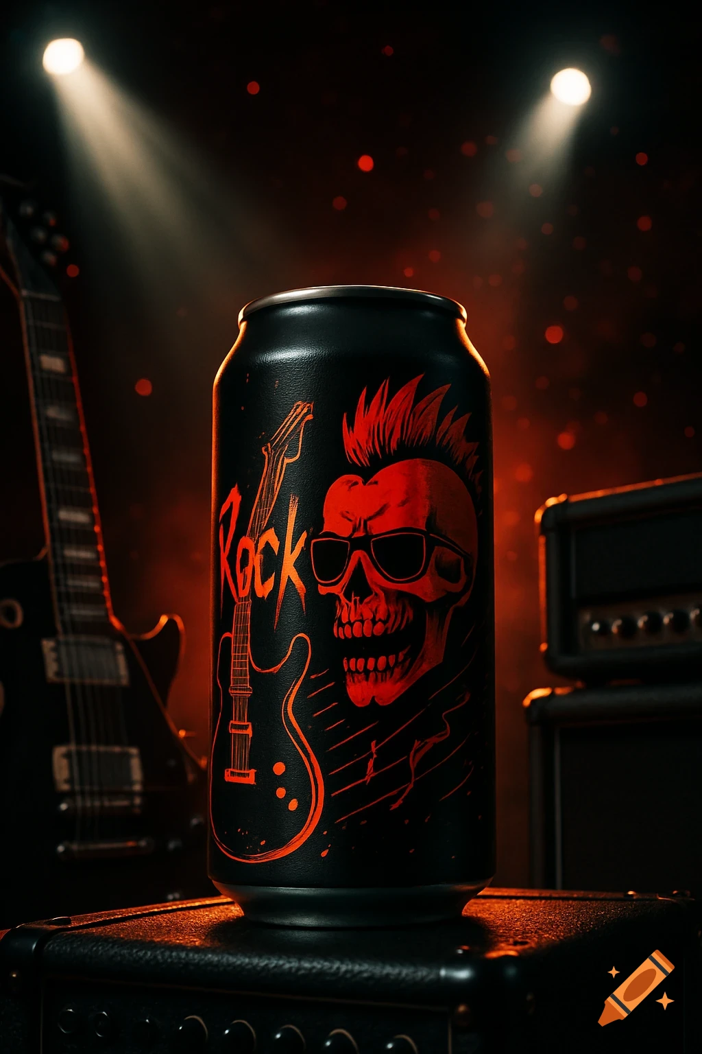 A black beer can with red 'Rock' text and a skull design, on an amplifier, with a guitar in the background under stage lights.