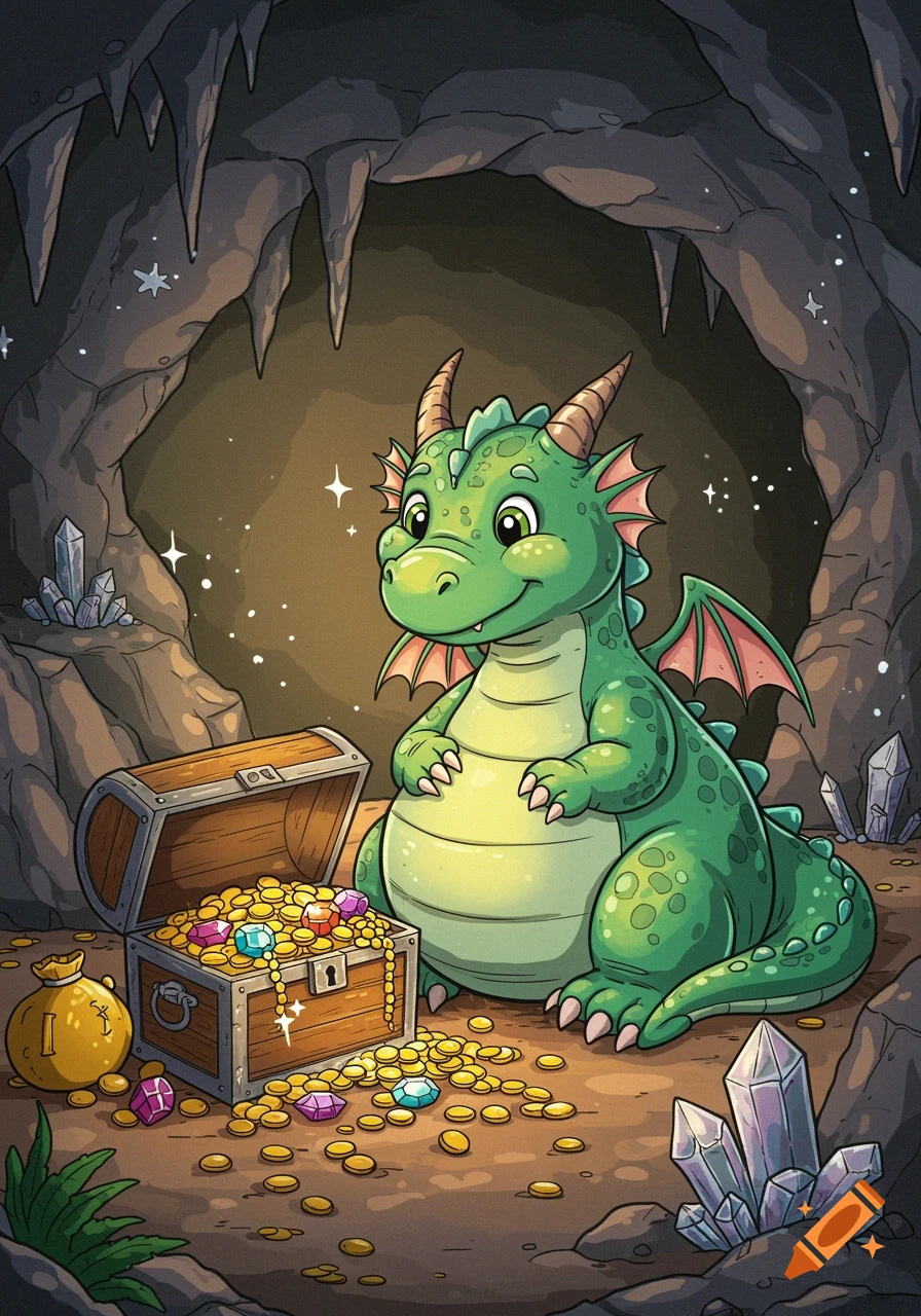 Friendly green cartoon dragon sitting next to an open treasure chest filled with gold and jewels in a dark cave with crystals.