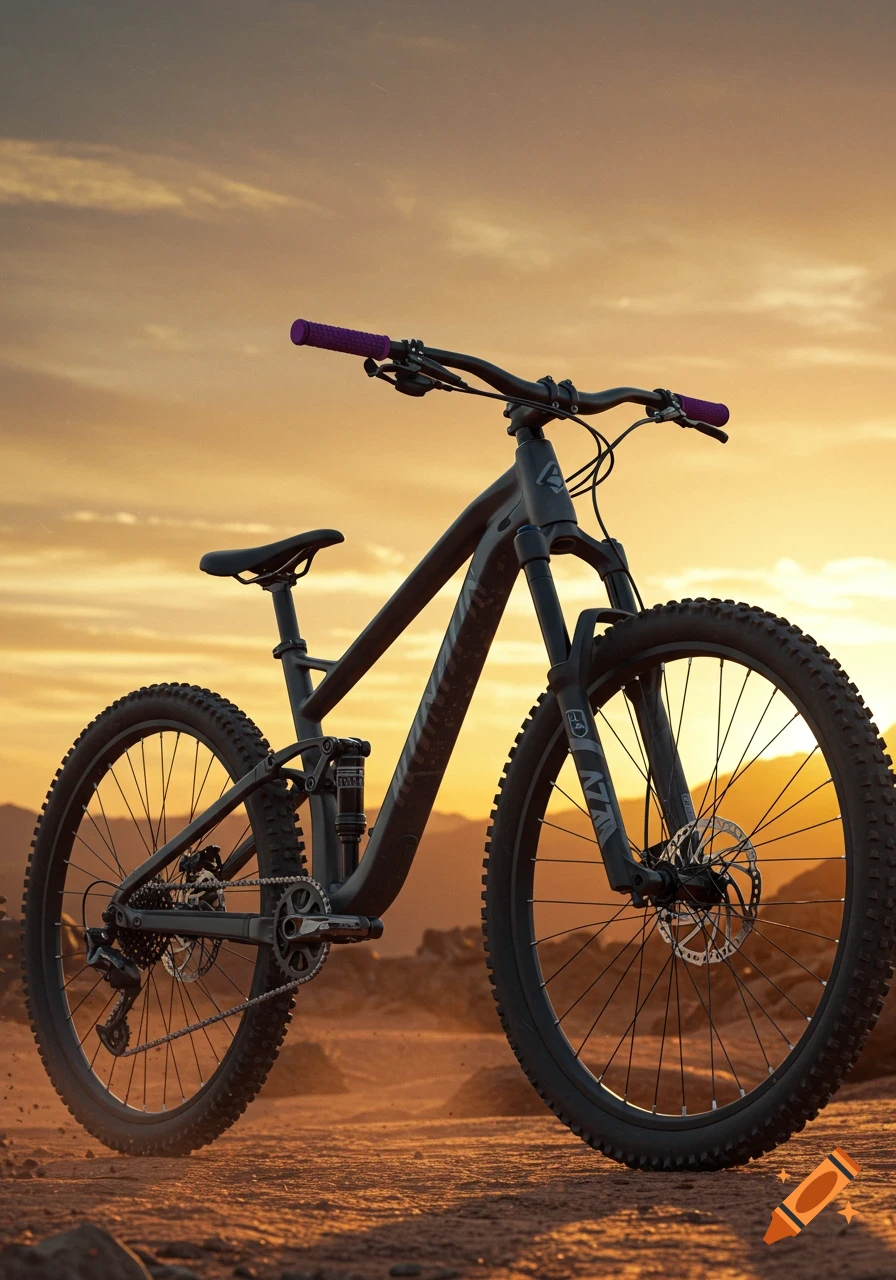 Photorealistic image of a black mountain bike with purple grips on a dirt trail at sunset.