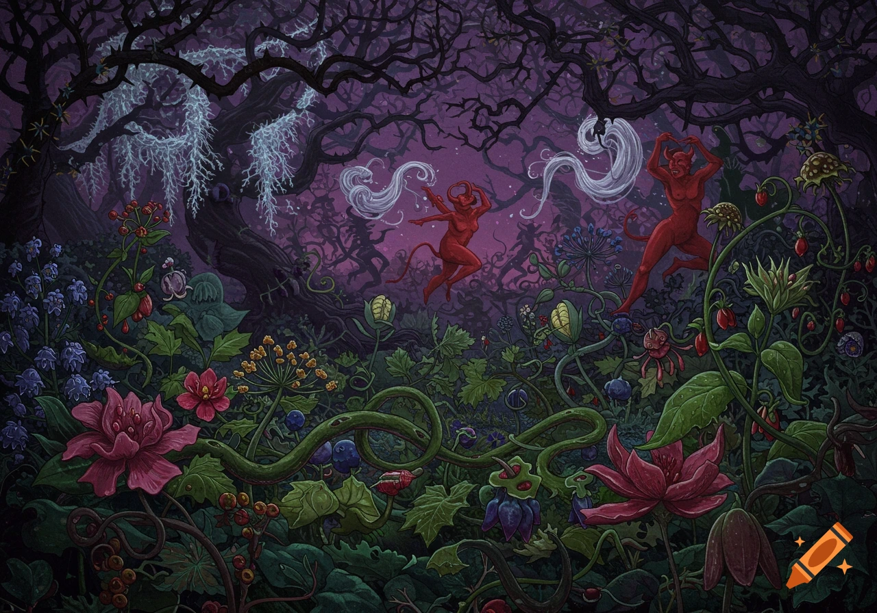 Stylized illustration of red devils dancing in a dark, overgrown magical forest filled with exotic glowing plants and gnarled trees.