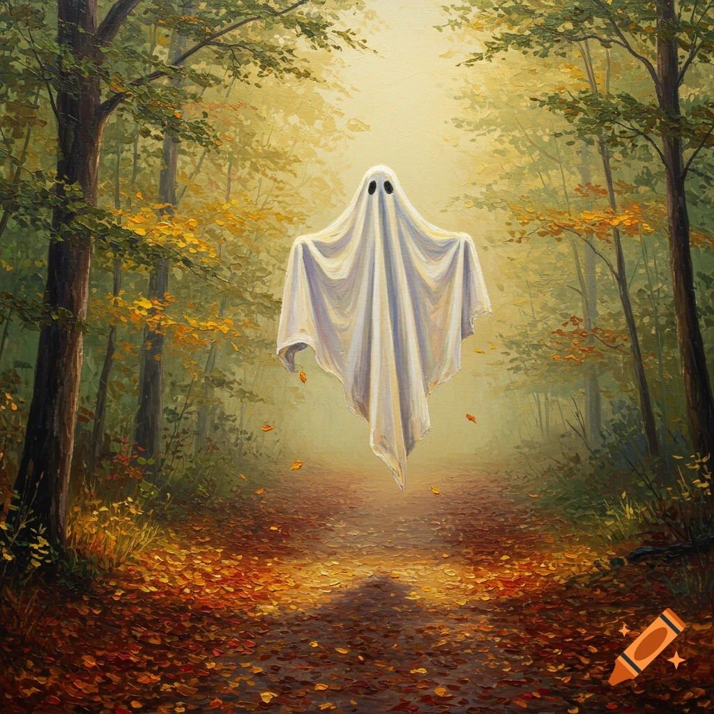 A white sheet ghost floats on a sunlit path through an autumn forest, depicted in an oil painting style.