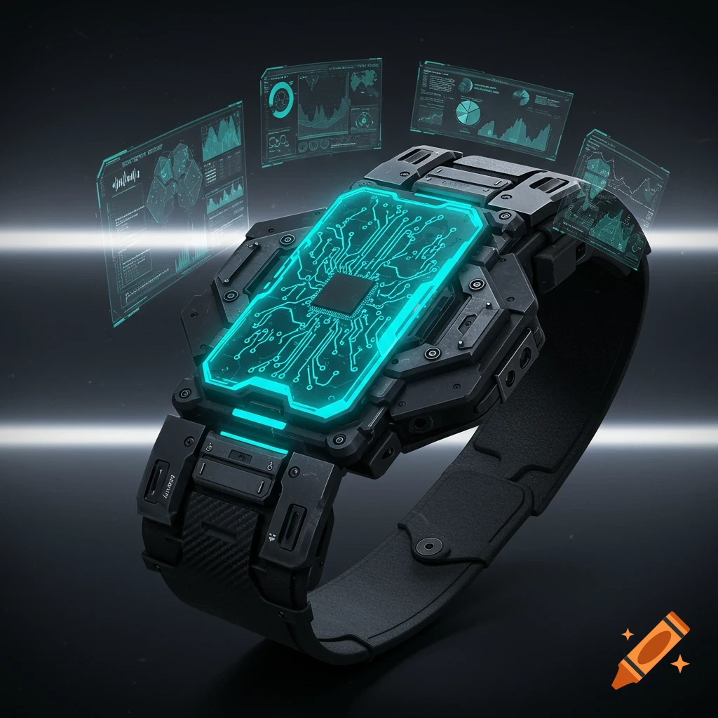 A sleek, futuristic black wearable device with a glowing teal circuit pattern display and holographic screens.