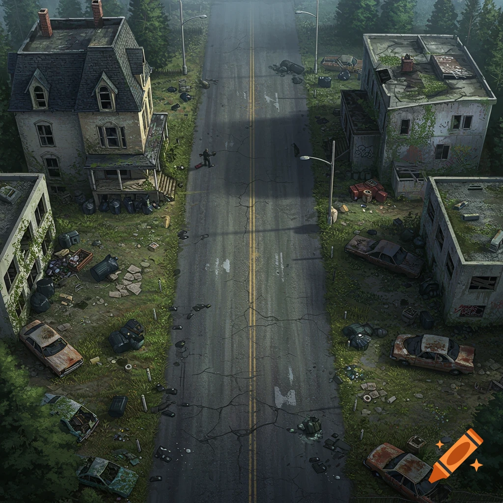 Top-down view of a desolate, wide, cracked road through an overgrown, post-apocalyptic town with derelict houses and abandoned cars.