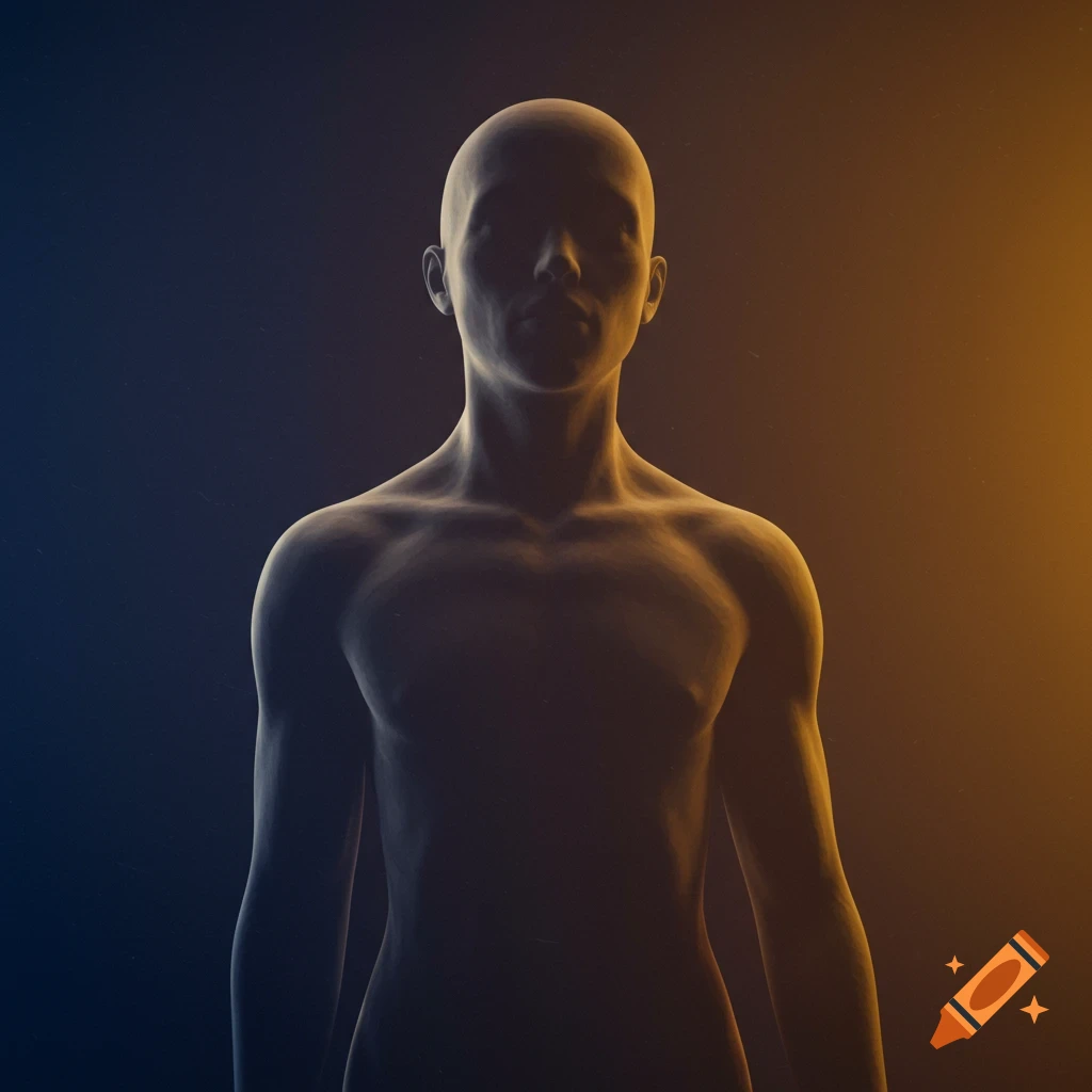 A faded, glowing silhouette of a human torso and head against a dark background, lit by blue and orange light.