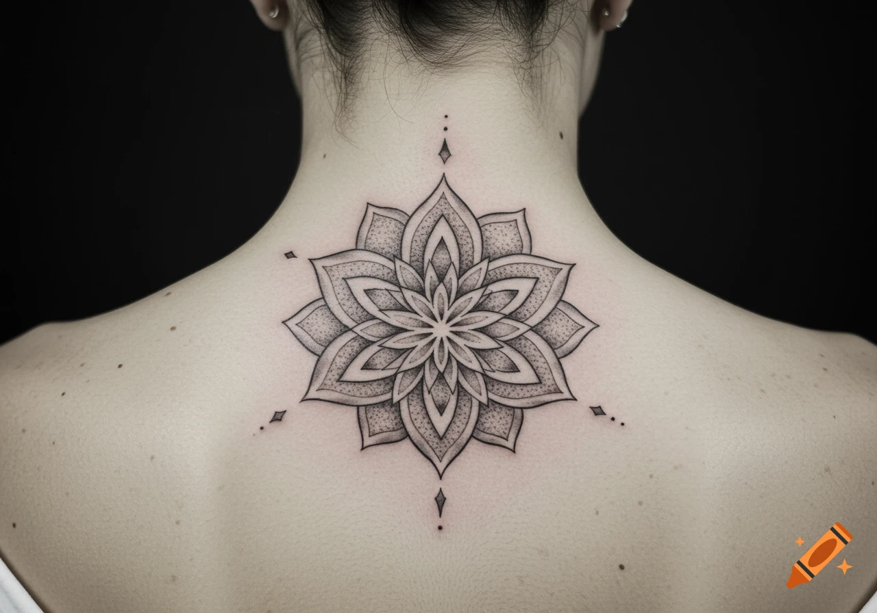 A detailed greyscale mandala tattoo on the upper back and neck of a person, featuring intricate dot-work shading.