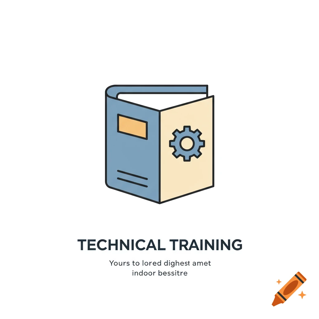 Minimalist vector icon of an open blue book with a yellow spine and a gear symbol on one page, with 'TECHNICAL TRAINING' and gibberish text below.