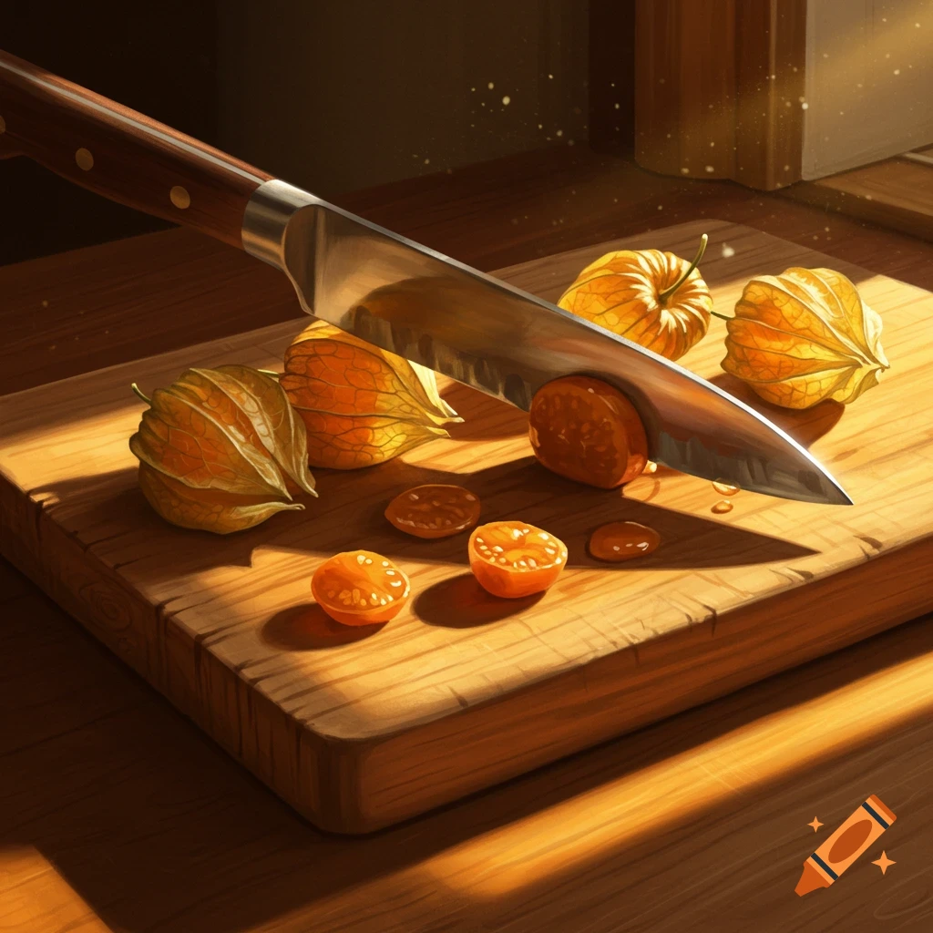 A chef's knife cutting ground cherries on a wooden cutting board, illuminated by warm sunlight.