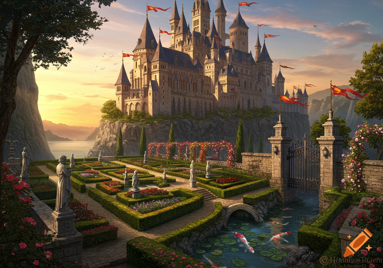 A grand fantasy castle on a cliff overlooking a lake, surrounded by an elaborate, colorful garden with statues, a small bridge, and koi fish.