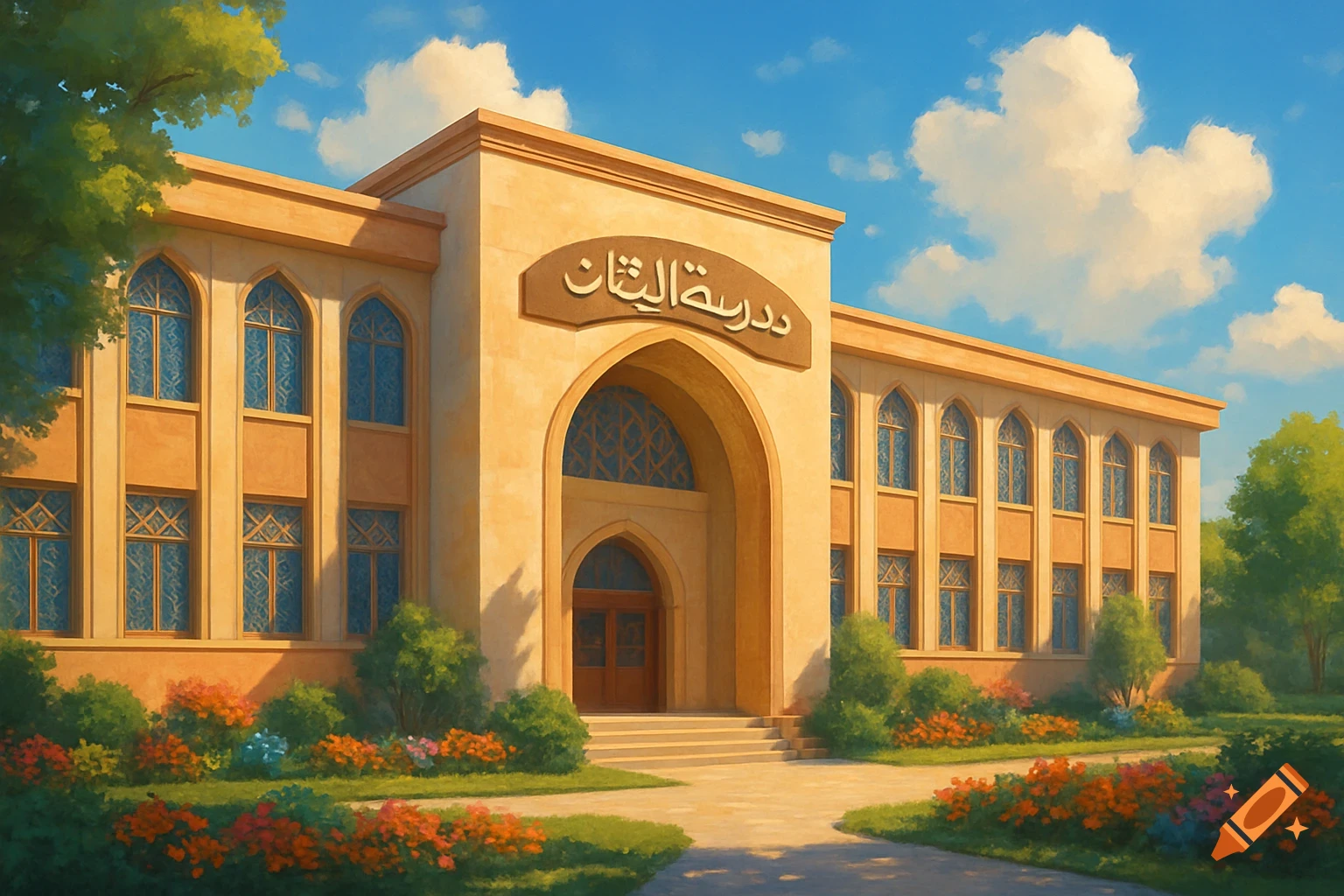 Cartoon-style school building with Arabic sign, surrounded by green trees and colorful flowers under a blue sky.