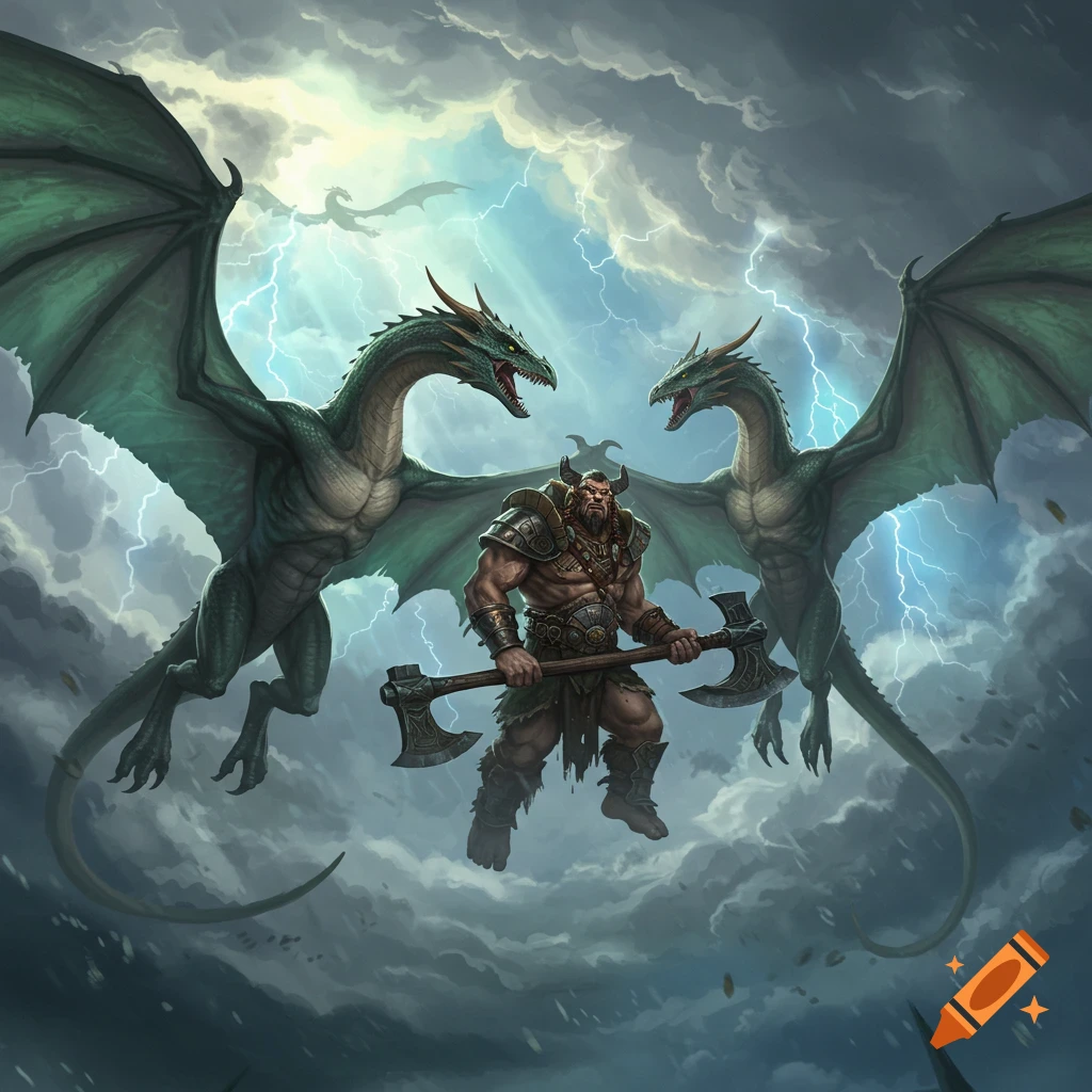 A muscular horned warrior with a double-headed axe confronts two green-winged dragons in a stormy, lightning-filled sky. More dragons fly in the cloudy background.
