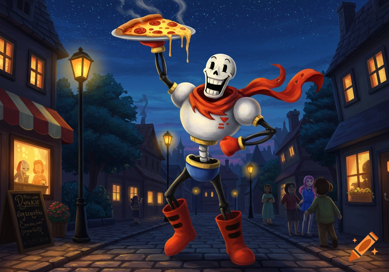 Papyrus, a cheerful skeleton in a red scarf, walks down a cobblestone street at night, holding a steaming slice of pepperoni pizza. Cartoon style.