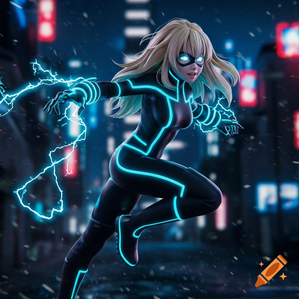 A blonde superhero in a black and neon blue suit emits electricity while running through a futuristic city at night. Anime style.