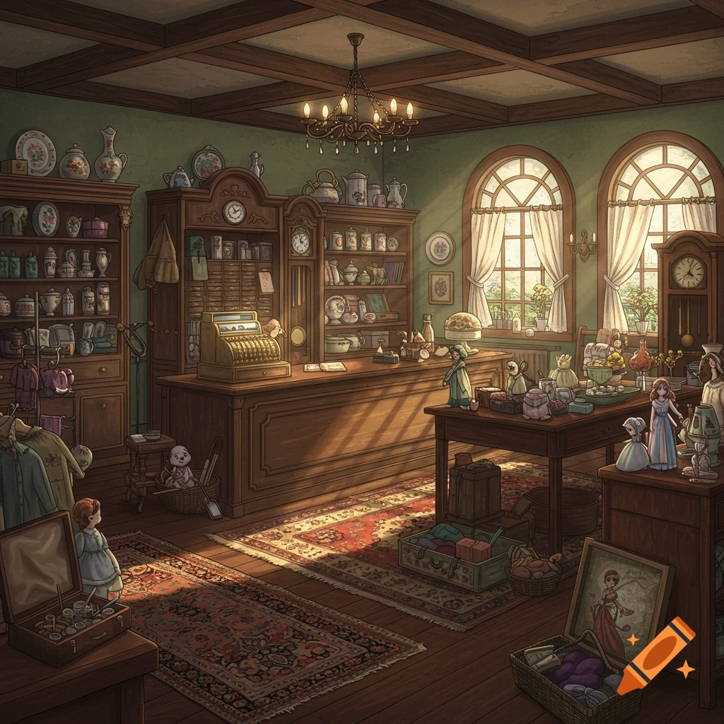 An intricately detailed illustration of a cozy vintage shop filled with antiques, pottery, dolls, and clothing, bathed in warm sunlight.