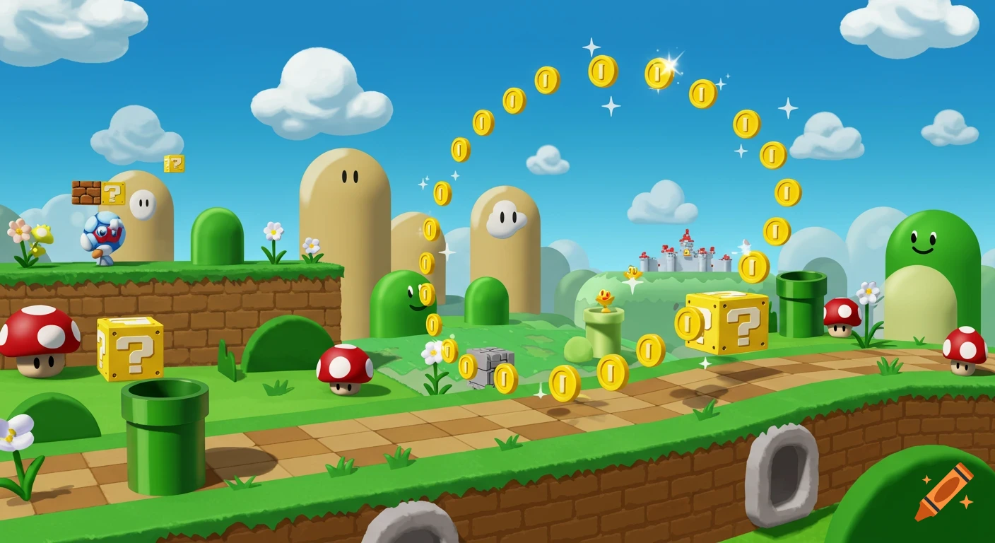 Colorful cartoon Super Mario landscape with question blocks, coins, pipes, mushrooms, and characters under a blue sky.