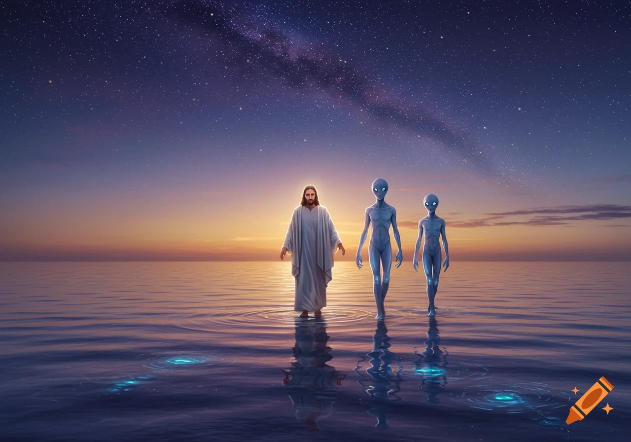 Jesus walks on water next to two grey aliens under a vibrant sunset and starry galaxy sky.