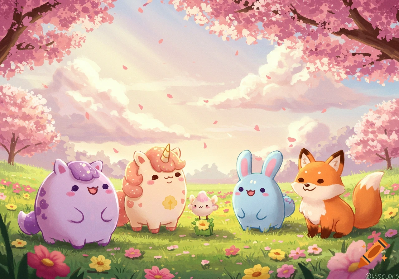 Five cute, round cartoon animals in a spring field under pink cherry blossom trees and a cloudy sky.