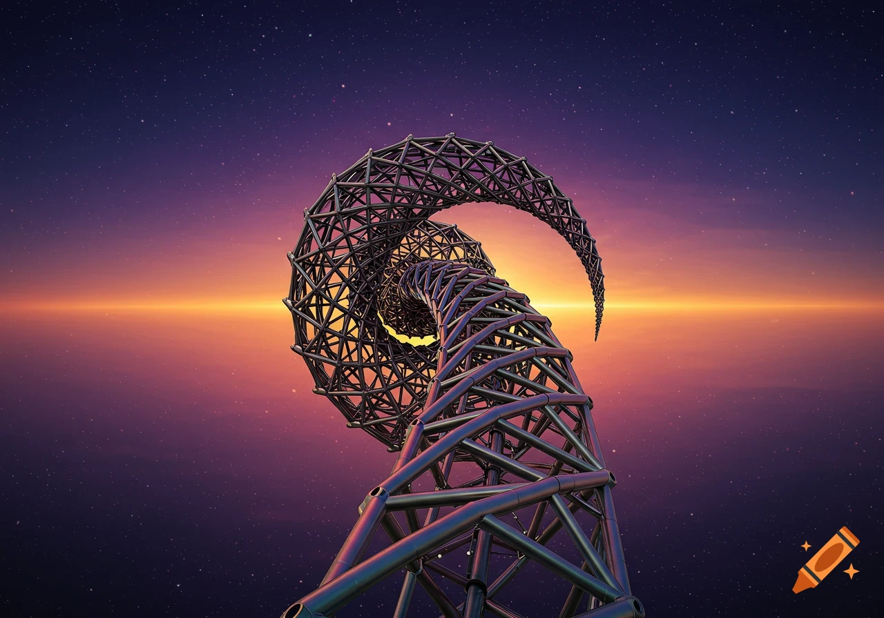 A glowing, metallic fractal antenna structure twists upwards against a starry purple and orange twilight sky.