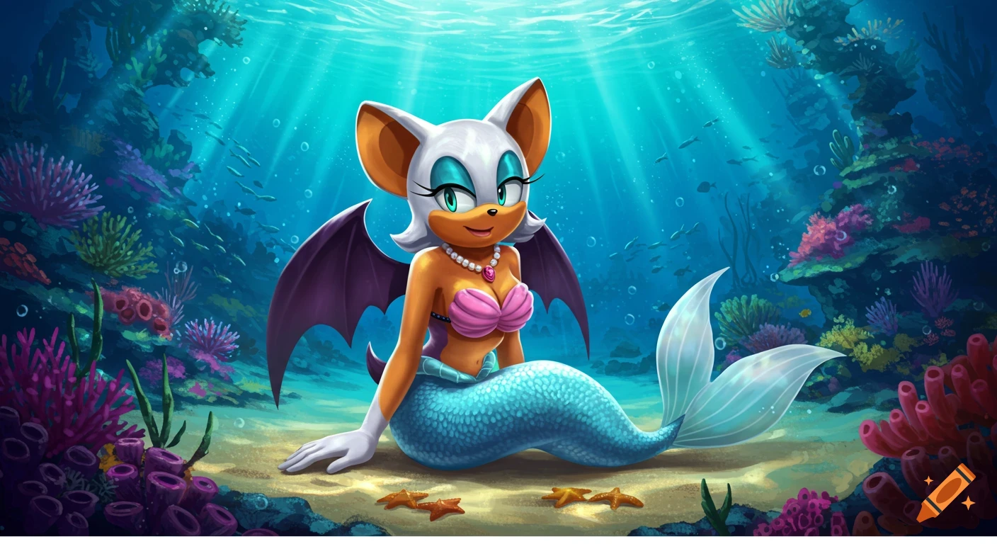 Vibrant digital art of Rouge the Bat as a mermaid with pink seashell bra and blue tail, sitting on a coral-filled seafloor.