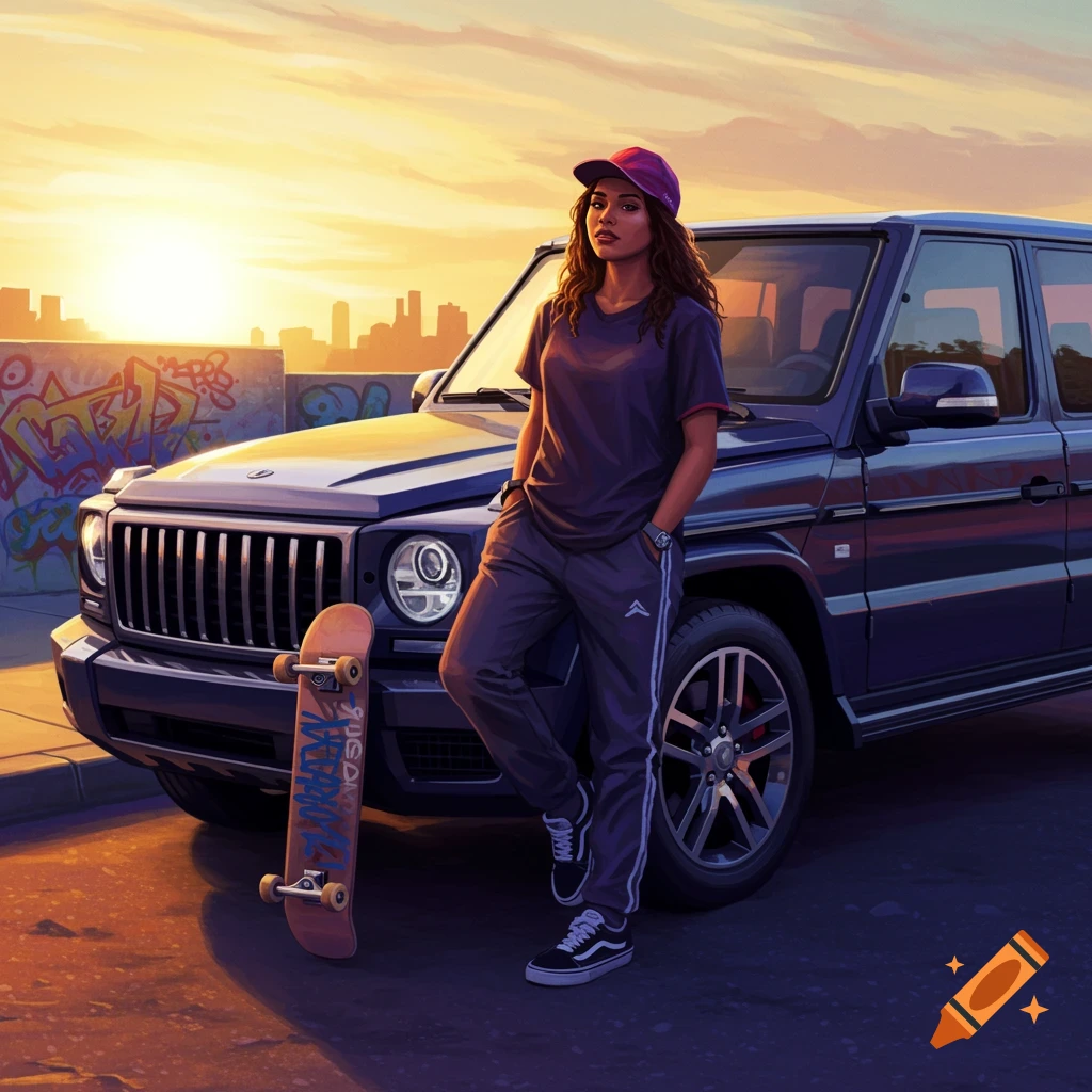 A woman in a cap and tracksuit leans on a dark SUV with a skateboard at sunset, in an urban illustration.