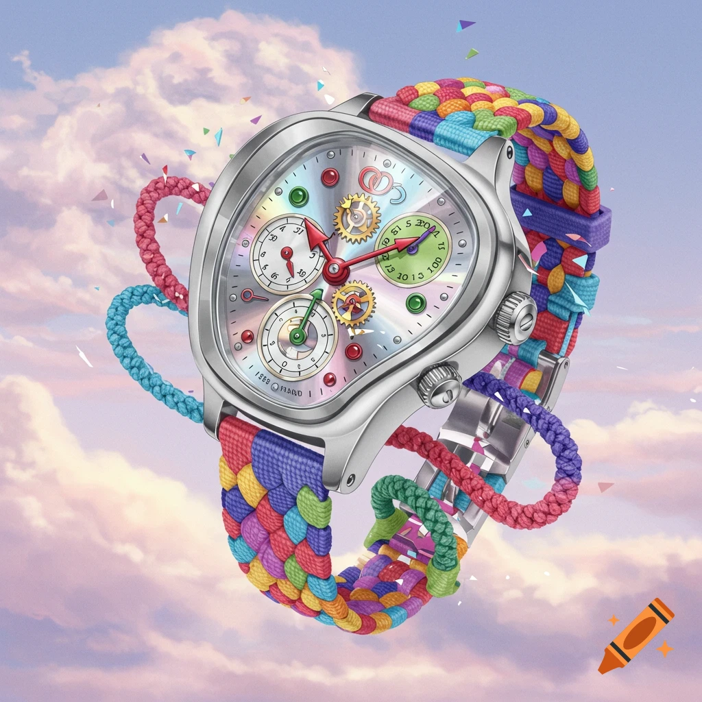 A vibrant, irregularly shaped watch with a braided rainbow-colored strap and an iridescent face with multiple sub-dials, floating in pastel clouds with confetti.