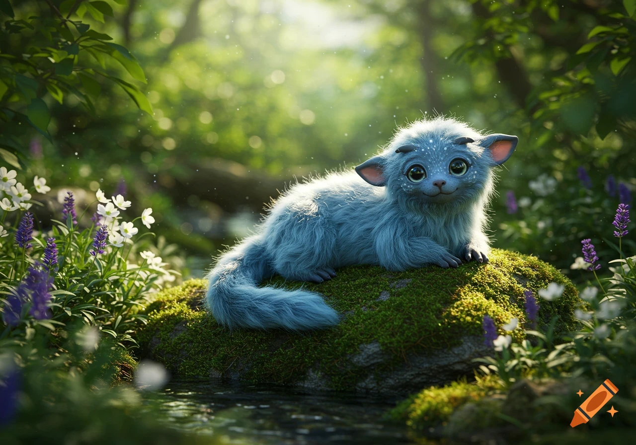 A cute blue fluffy fantasy creature with big eyes rests on a mossy rock by a stream in a sunny forest, photorealistic.
