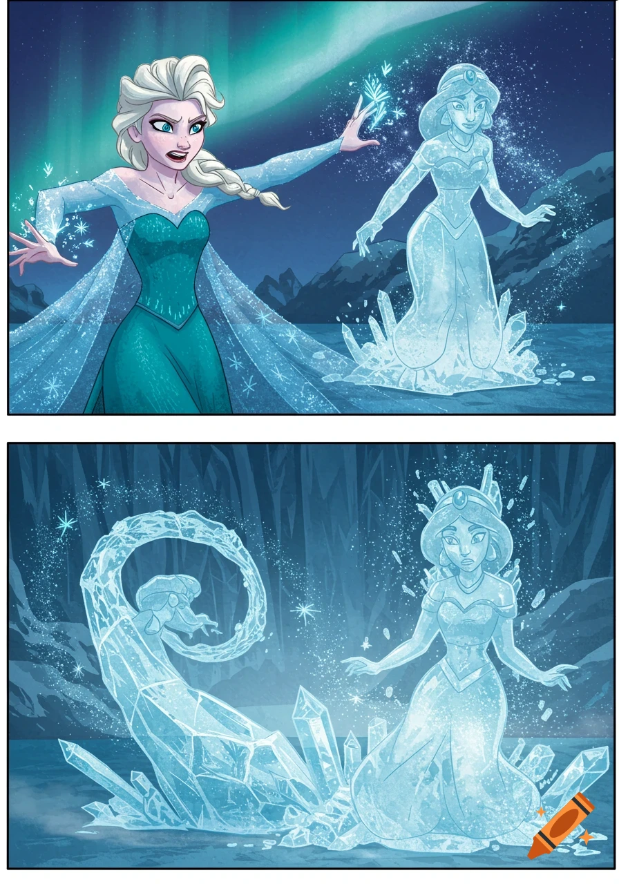 Elsa casts ice magic, freezing Princess Jasmine into a surprised ice statue in two comic book panels.