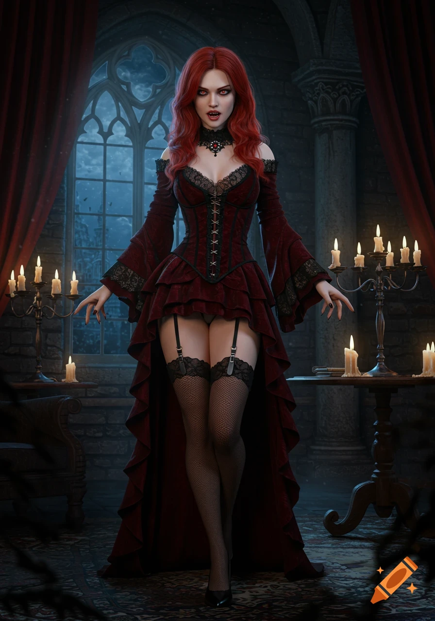 A photorealistic render of a red-haired vampiress with fangs, wearing a gothic red dress and black stockings, in a candlelit gothic room.