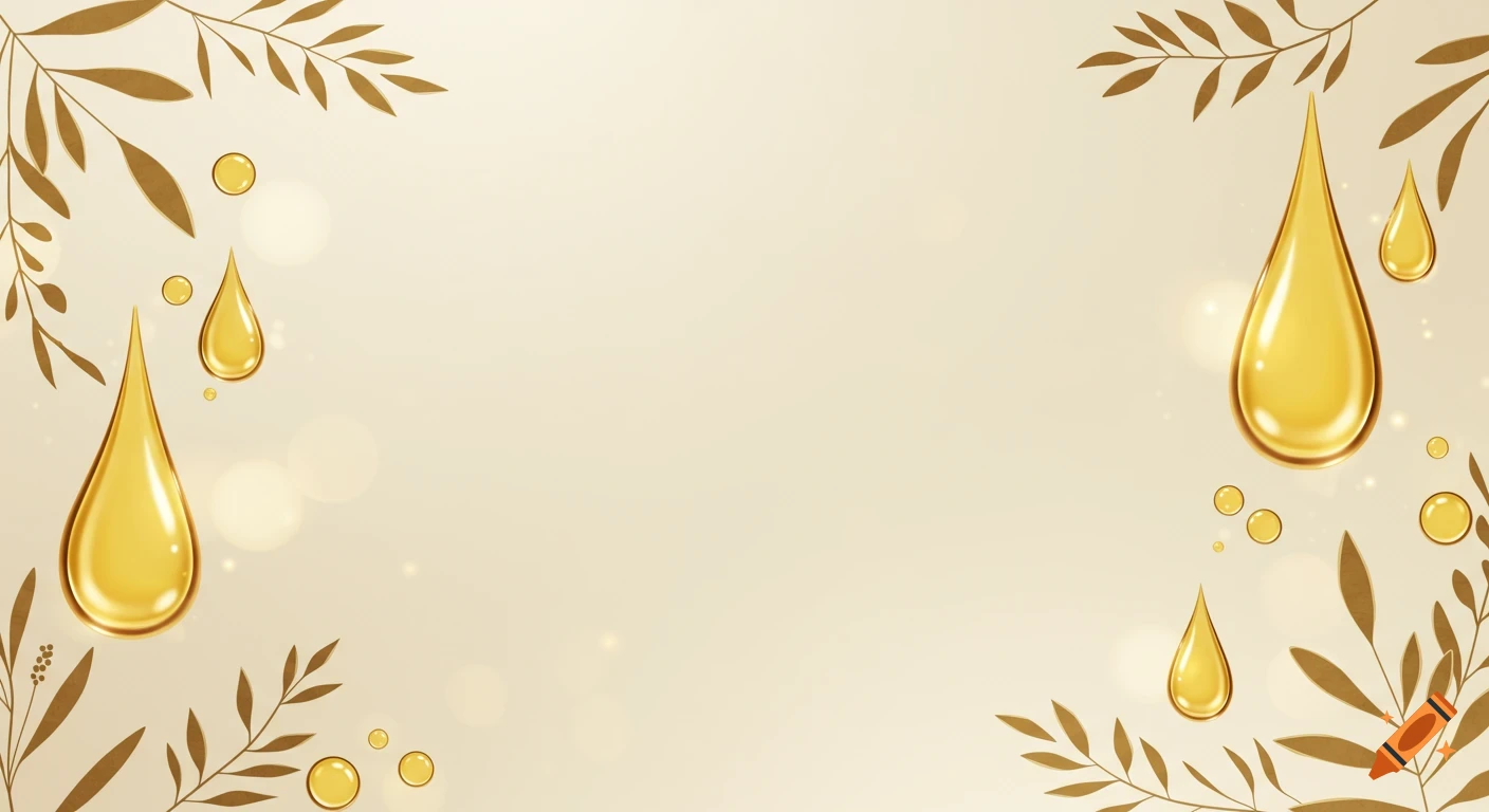 Elegant banner with golden oil droplets and stylized brown leaves on a light cream background.