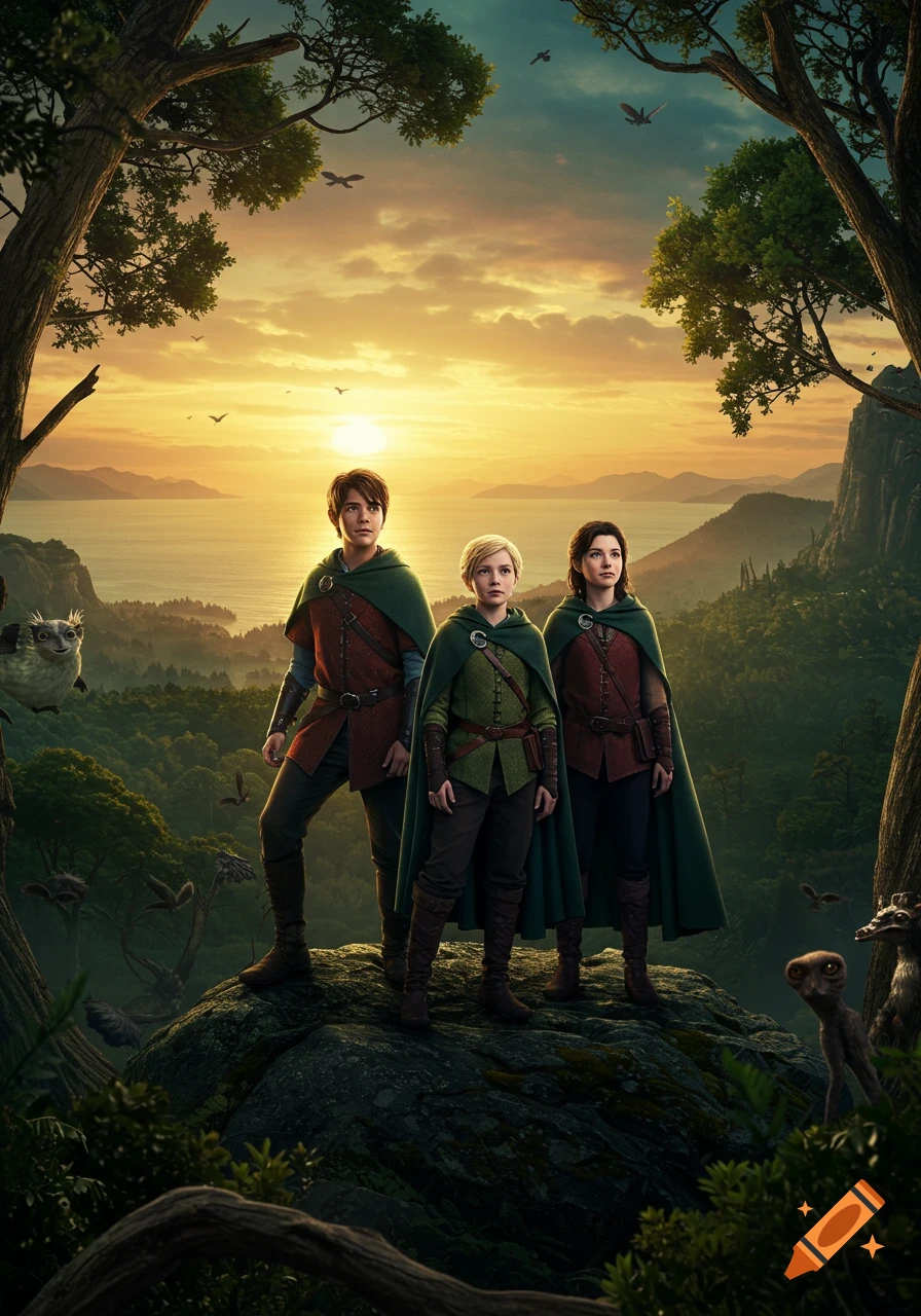 Three young adventurers in medieval clothing stand on a cliff overlooking a vast forested valley, lake, and mountains at sunset.