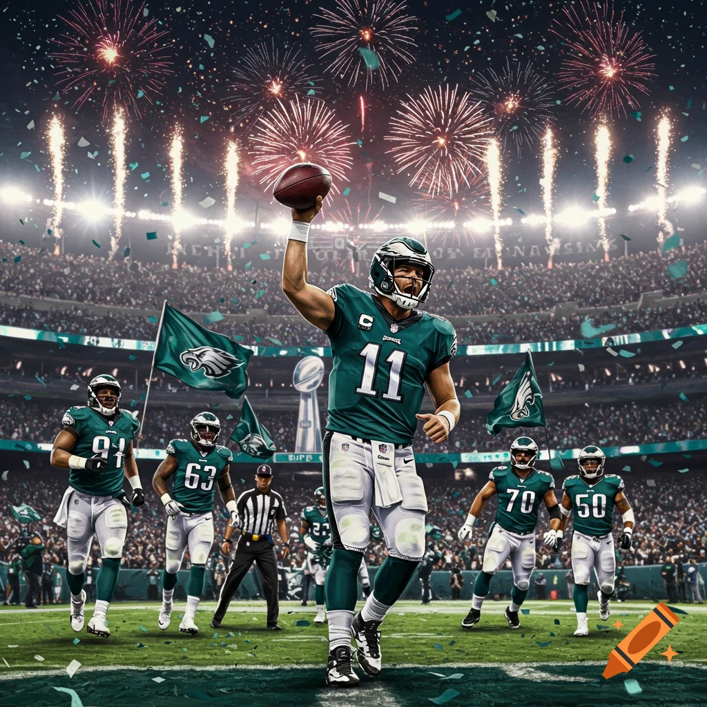Philadelphia Eagles football players celebrate a Super Bowl victory in a stadium with fireworks, confetti, and a trophy.