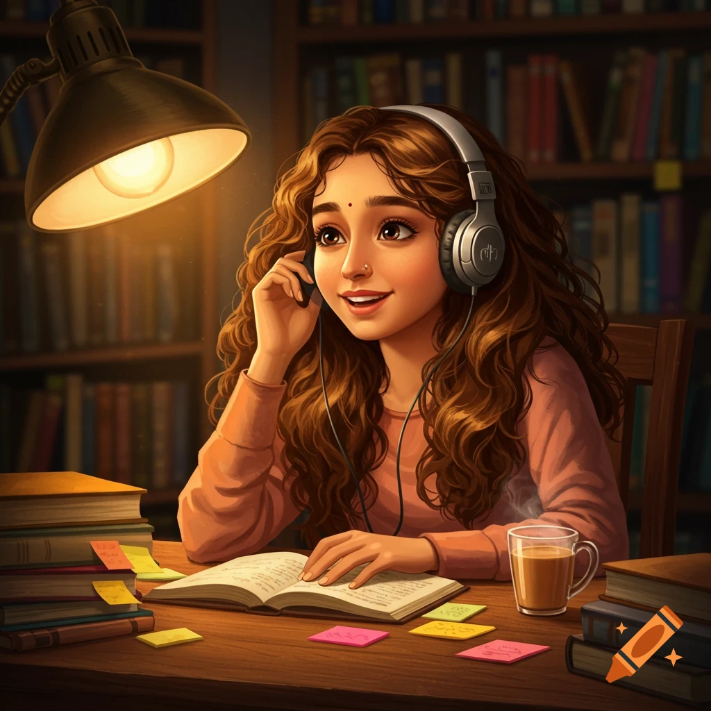A smiling Indian girl with long curly hair, wearing headphones and listening to music while studying at a wooden desk in a library. Books and a cup are on the desk under a lamp.