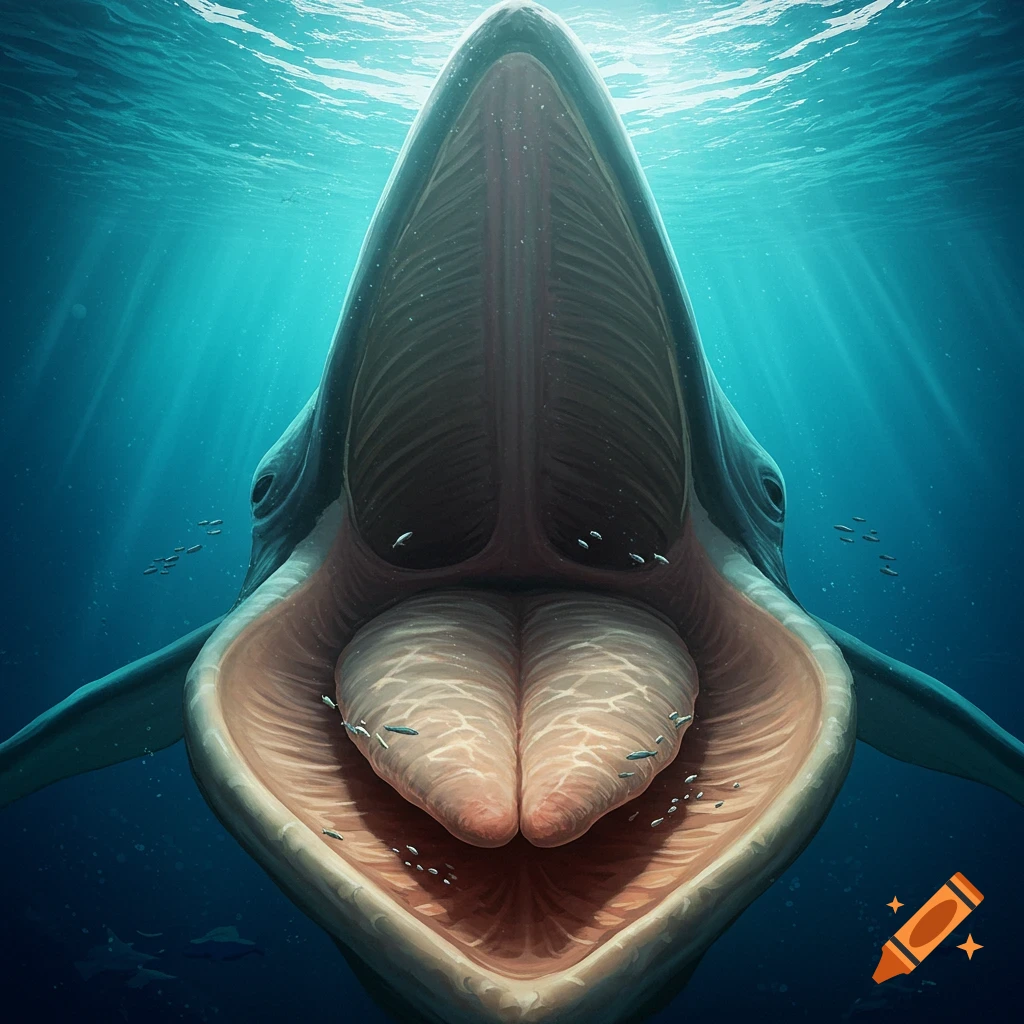 Photorealistic close-up of a baleen whale's wide-open mouth underwater, revealing baleen plates and tongue with small fish.