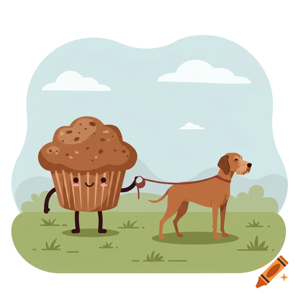 Whimsical cartoon illustration of a smiling muffin walking a Vizsla dog on a leash in a grassy field under a cloudy sky.
