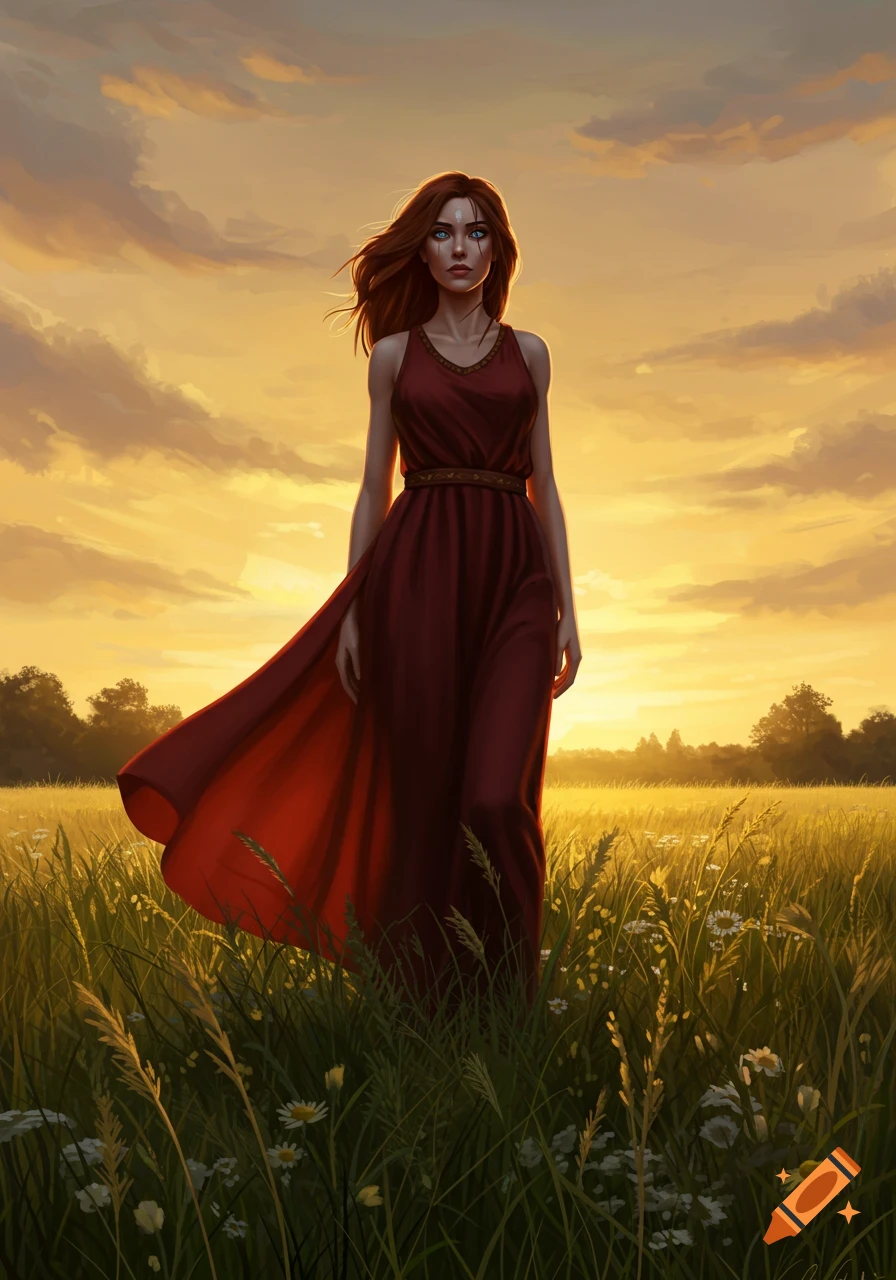 A tall woman with red hair and blue eyes stands in a golden field at sunset, wearing a flowing maroon dress. Digital painting.