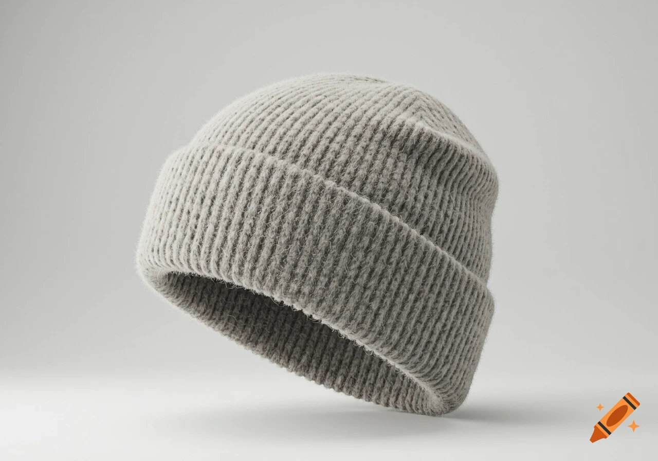 A light gray knitted beanie hat with a ribbed texture against a white background.