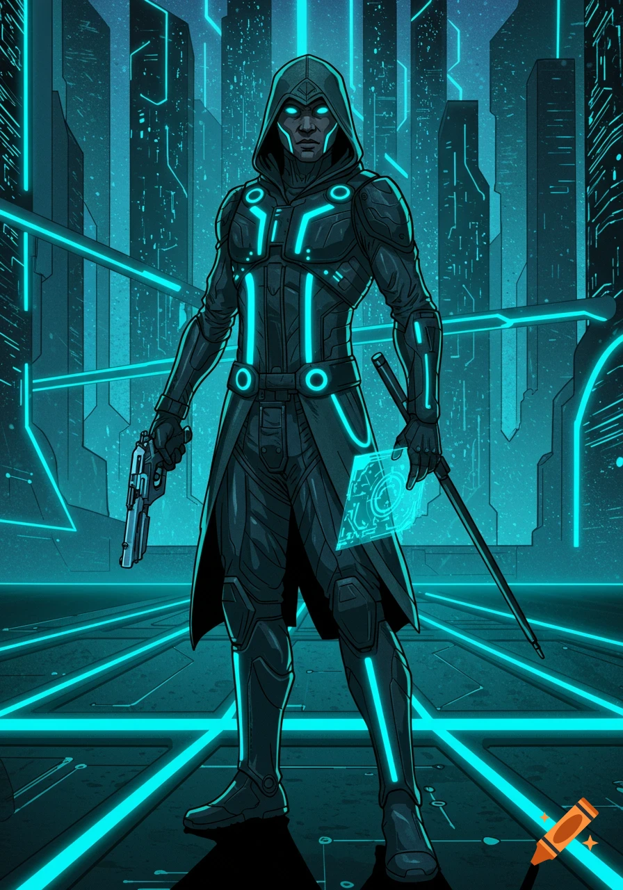 Comic art of a cyberpunk assassin in a black and blue glowing Tron-style suit, holding a pistol and data pad in a futuristic city.