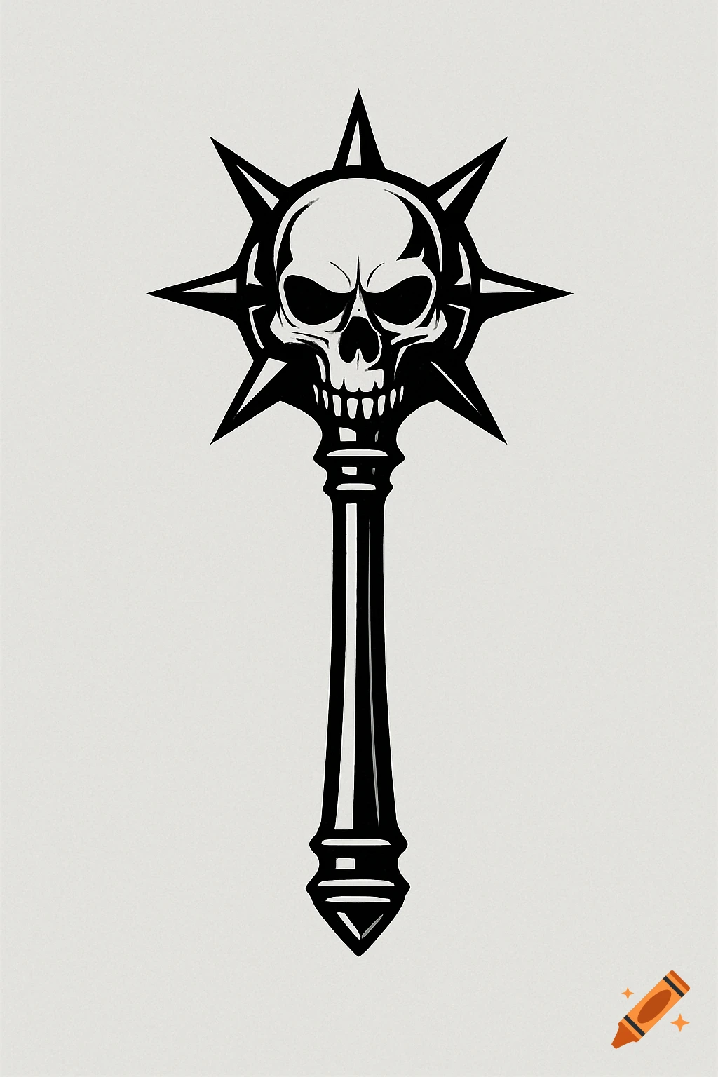 Monochrome logo of a flanged mace with a spiked skull head on a light background.