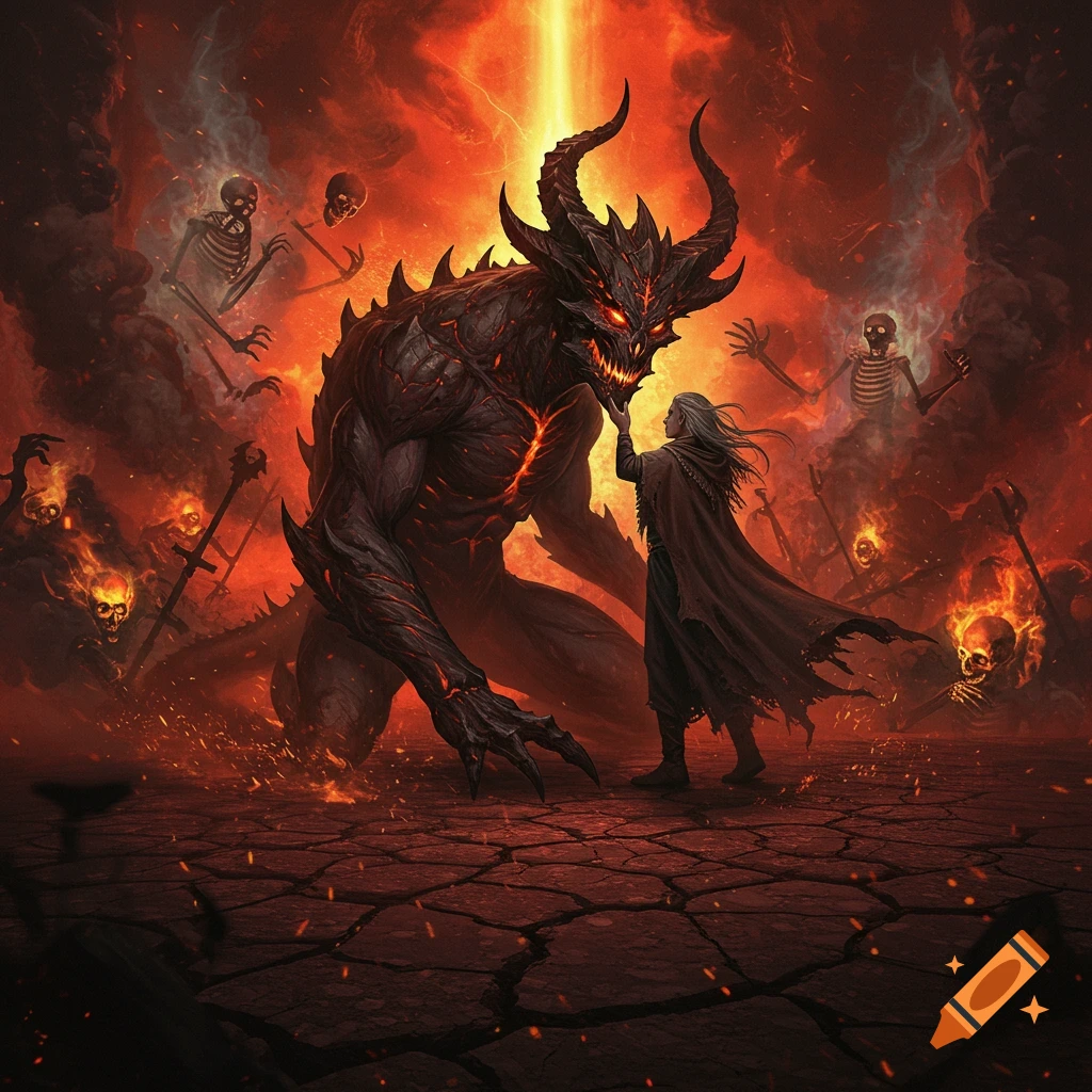 A white-haired sorcerer gently pets a massive, horned demon with glowing eyes in a fiery, hellish landscape filled with skeletal figures.