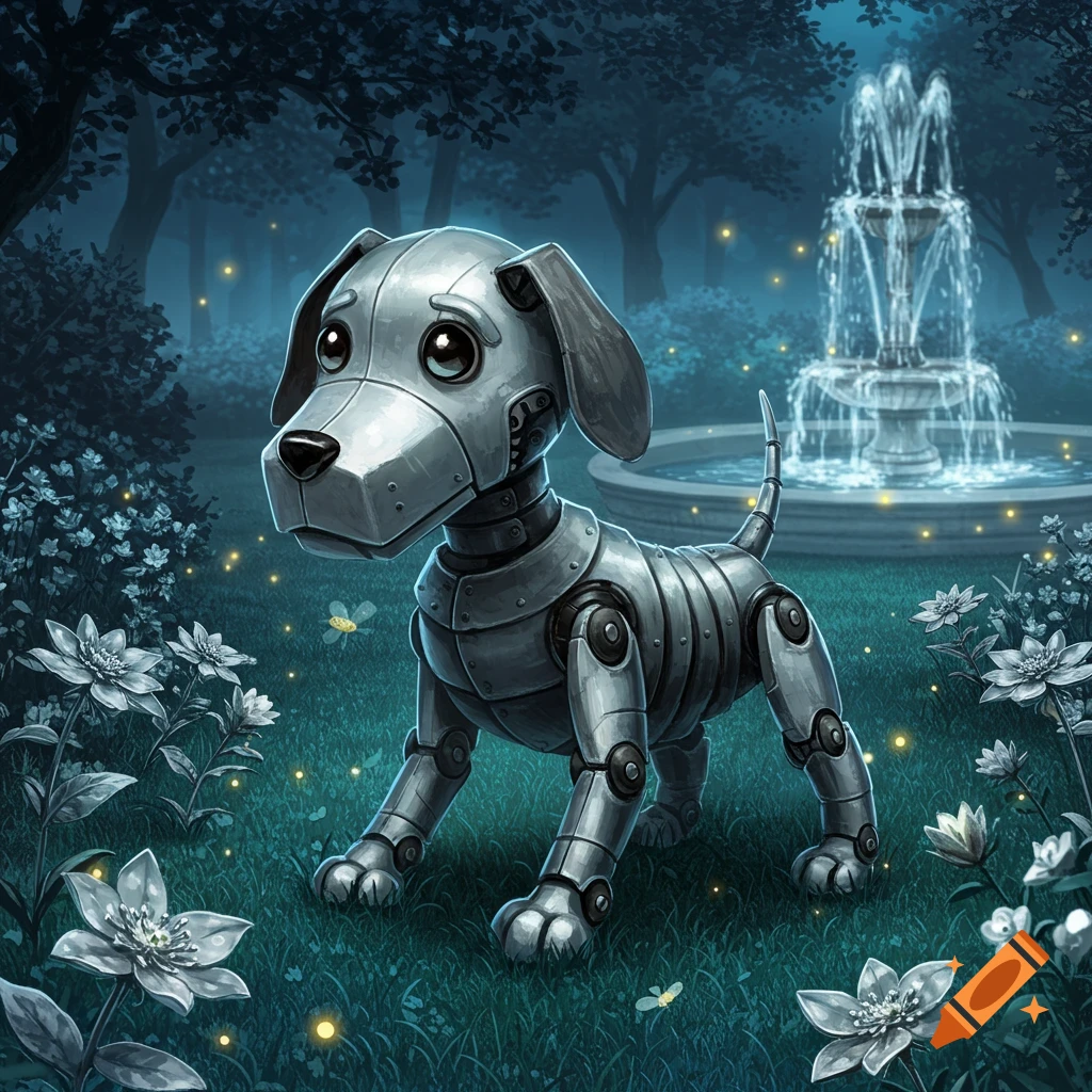 A cute, stylized metallic robot dog stands in a magical moonlit garden with glowing fireflies and a fountain.