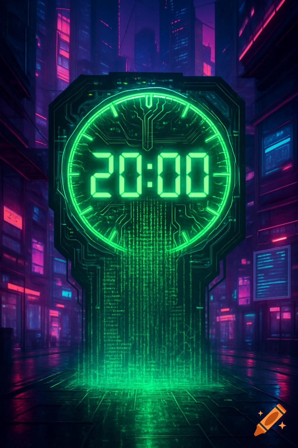 A glowing green digital clock showing 20:00 in a dark, neon-lit cyberpunk city, with green matrix code streaming below.